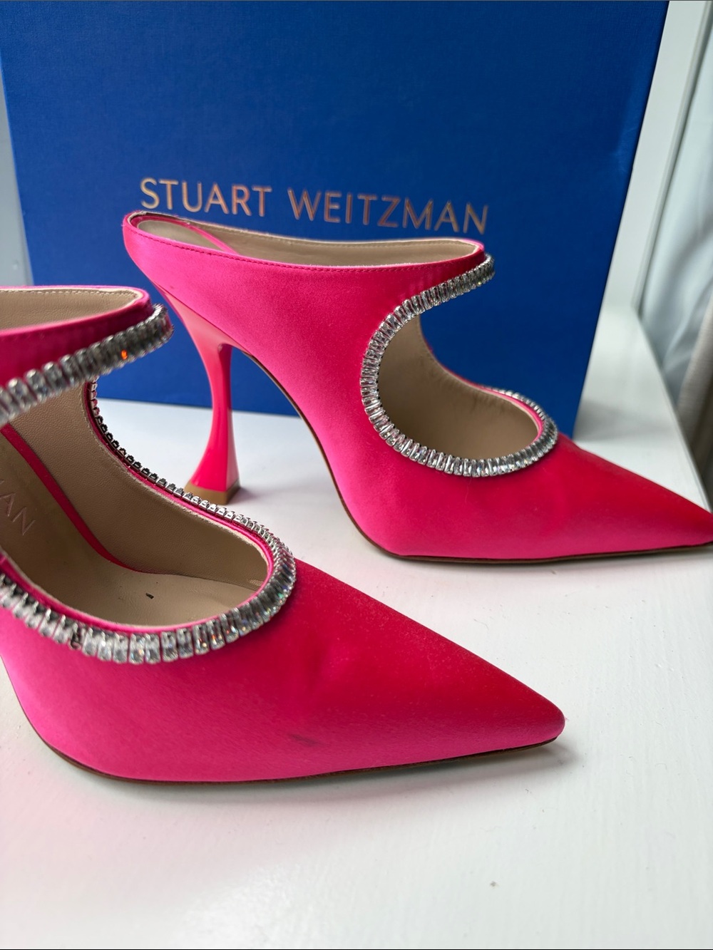 Stuart Weitzman Magenta Curve Satin Crystal-Trim Pointed-Toe Heels - Picture 6 of 13